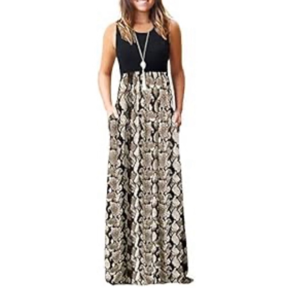 Black Tank Maxi Dress Tan Snake-Print Skirt w Pockets NWT XL